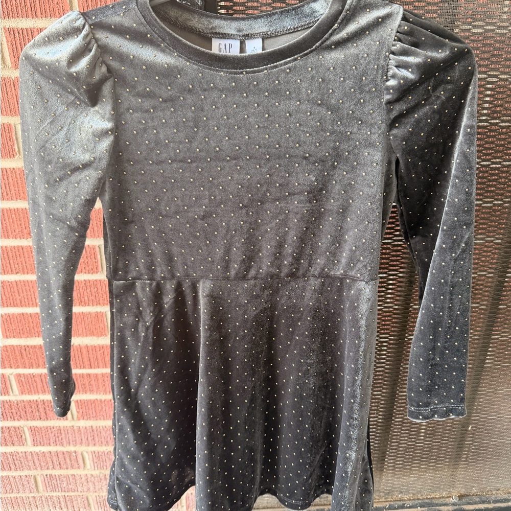 GAP Grey Velvet Long Sleeve Dress with Gold Dot Accents